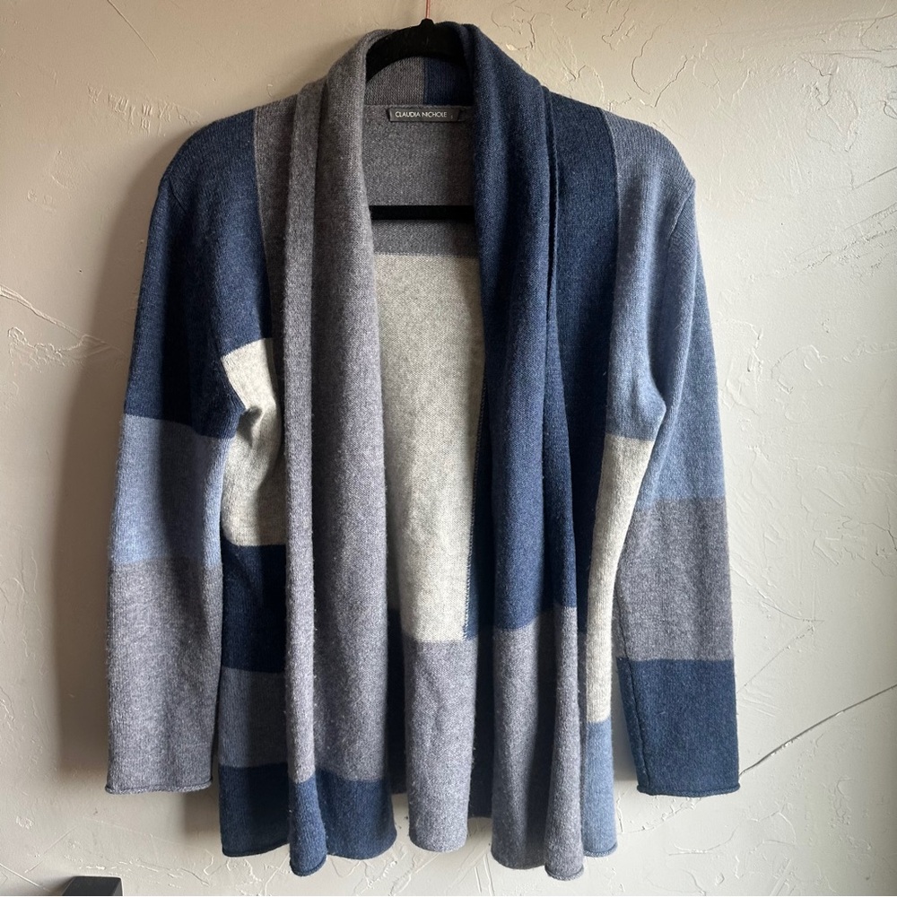 Cashmere Open Front‎ Cardigan Sweater Blue Gray Colorblock Minimalist Cozy Luxe
